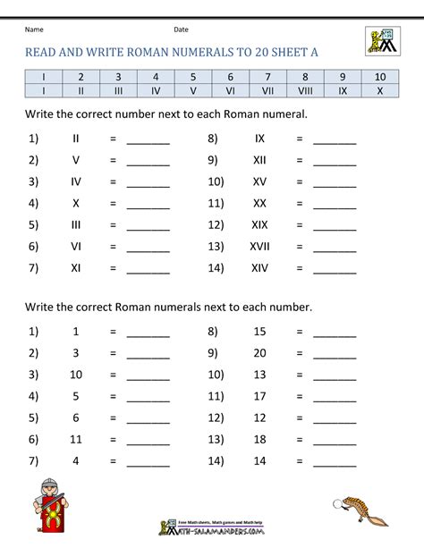 Printable Roman Numerals Worksheet for Kids